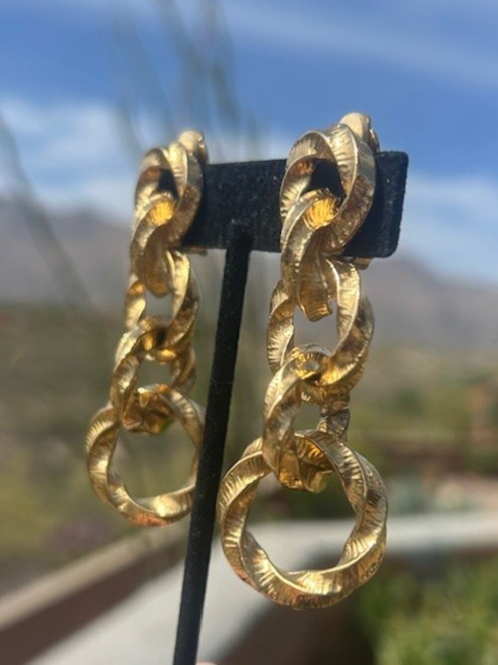 GIVENCHY Paris New York Couture Gold Hoop Textured Link EARRINGS - Picture 3 of 12